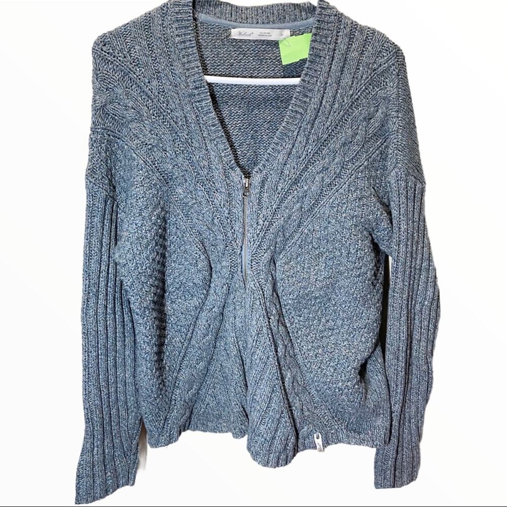 Woolrich Cable Knit Zip Cardigan Merino Wool Cotton Marled Lagenlook Blue Large